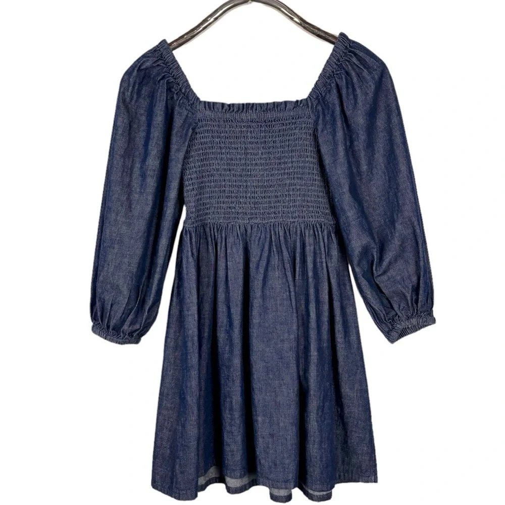J. CREW BG118 COTTON CHAMBRAY DENIM BLUE SMOCKED PUFF SLEEVE MINI DRESS